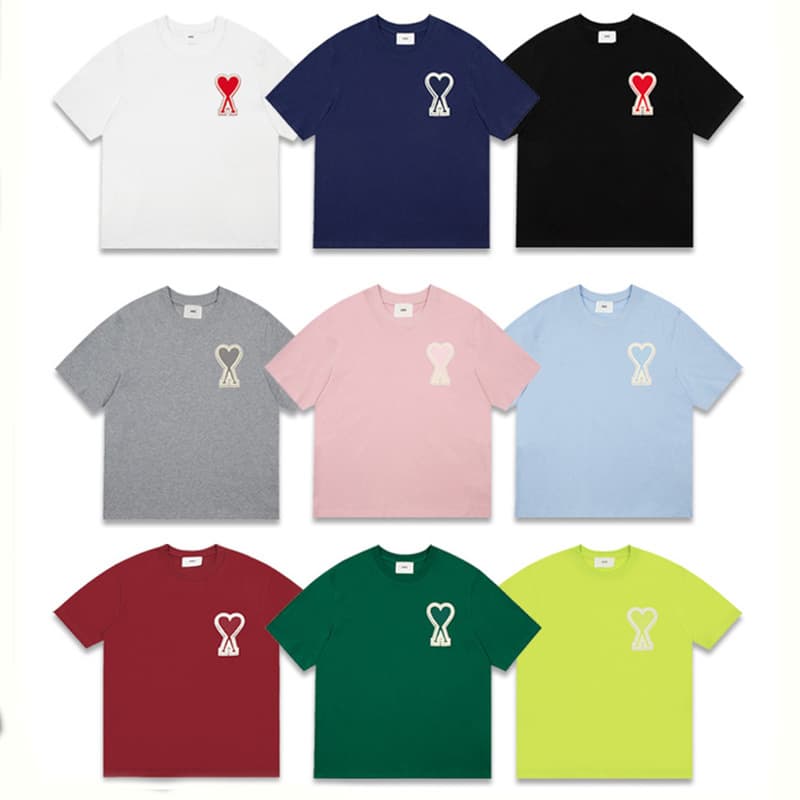 AMI Short Sleeve Unisex Summer Embroidered Heart Casual Loose Round Neck T-Shirt