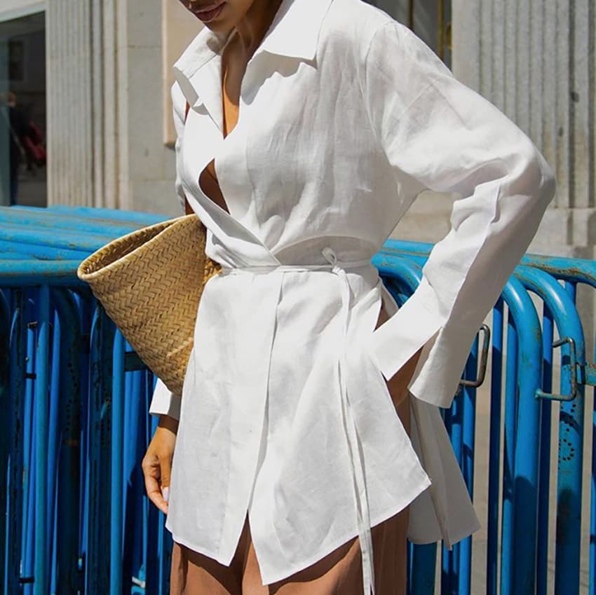2024 European and American Fall Casual Relaxed White Long-Sleeve Tie-Front Cotton-Linen Women's Shirt for Commute and Workwear