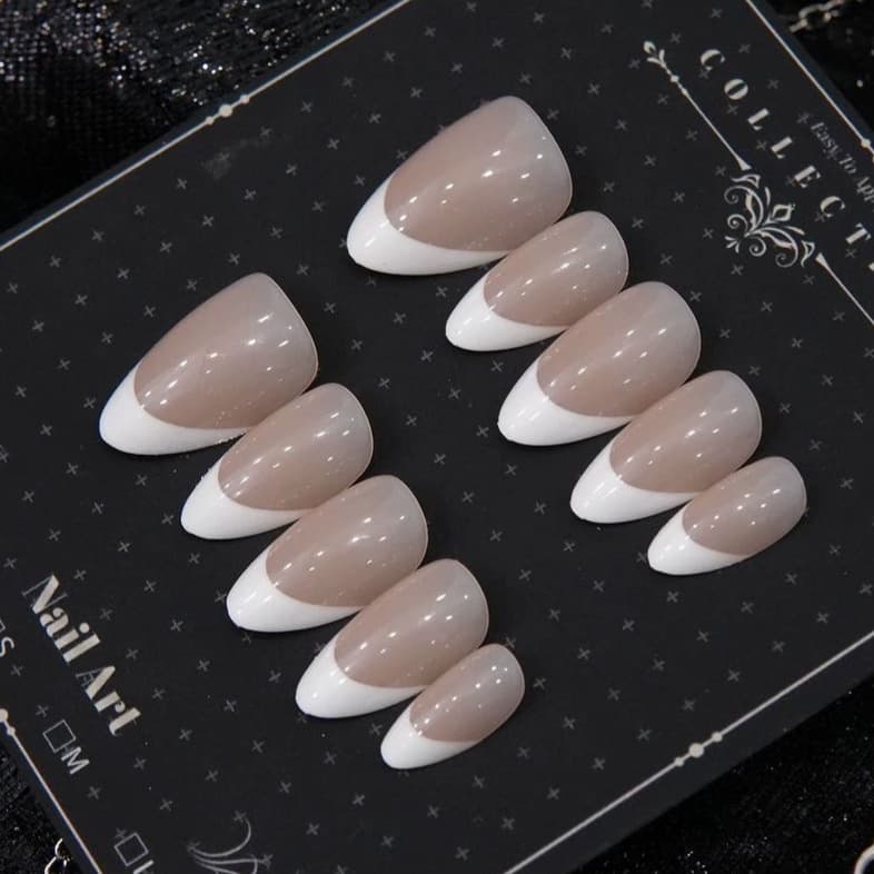 European and American Style Handmade Press-On Nails, Nude White-Tip French Almond Shape, Edgy Wearable Nails