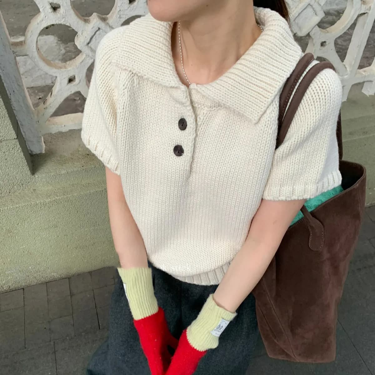 Peanut Korean-style Polo collar knitted sweater, loose raglan sleeve slim-fit short-sleeve knit top, versatile women's autumn/winter wear