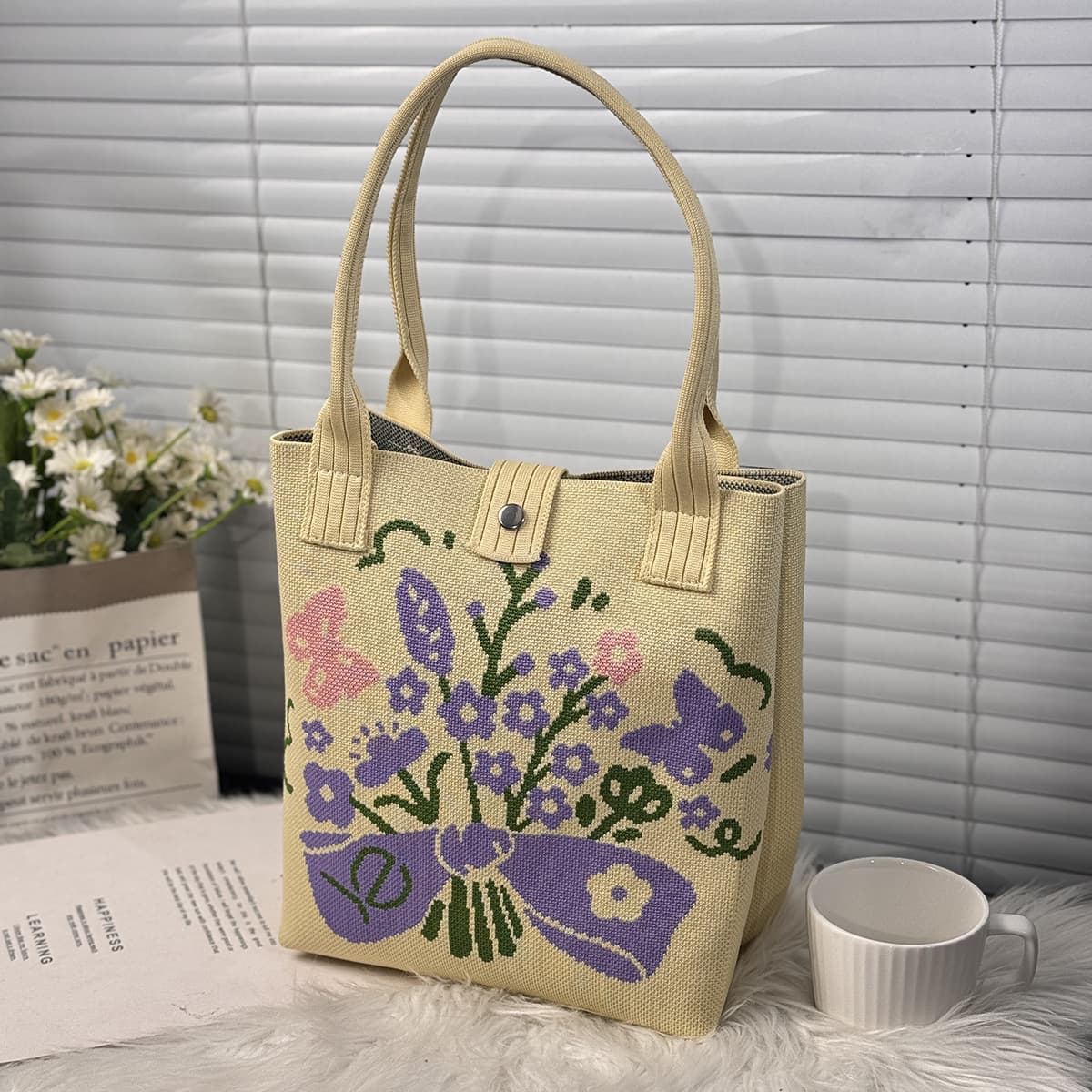 New Tote Bag Cartoon Knitted Bag Gift Large Capacity Cute Women's Commuter Handbag Hand-Carry Bag for Office Workers