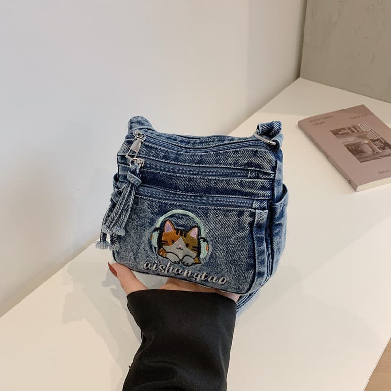 Drop Shipping New Style Simple Casual Retro Washed Denim Bag Multi-Pocket Zipper Embroidery Shoulder Crossbody Bag