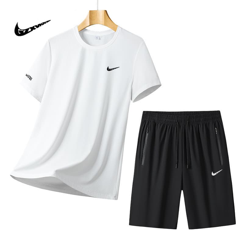 Men's Summer New Ice Silk Sportswear Set, Loose Fit, Versatile, Quick-Dry, Stretch T-Shirt and Shorts Two-Piece Set
