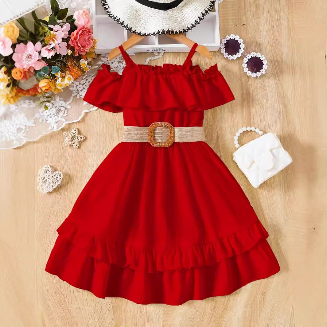Red Girls Dress Korean Style Four-way Stretch Polyester Fiber Summer A-line Skirt Pure Color French Style Children's Clothing