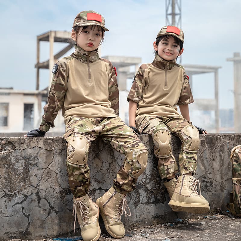 Kids Camouflage Outfit Boy Frog Suit Special Forces Short-Sleeve Training Set Outdoor Summer Camp Primary School Military Training Uniform