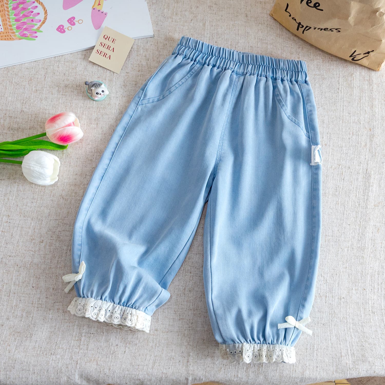 Girls Tencel Jeans 26 Summer Thin Loose Wide Leg Pants Blue Lace Trousers Comfortable Anti-mosquito Pants