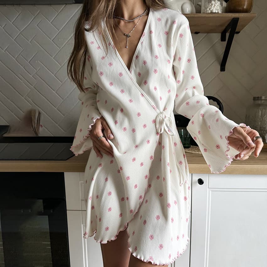 Autumn and Winter New Knit Ribbed Floral Print Tie-Up Robe, Soft and Skin-Friendly Loungewear for Women 2025, European and American Cross-Border