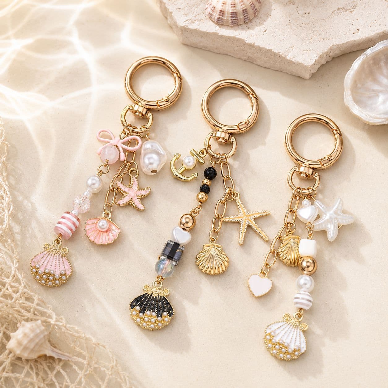 European and American cross-border jewelry new fashion striped pearl beaded key chain shell starfish keychain bag pendant