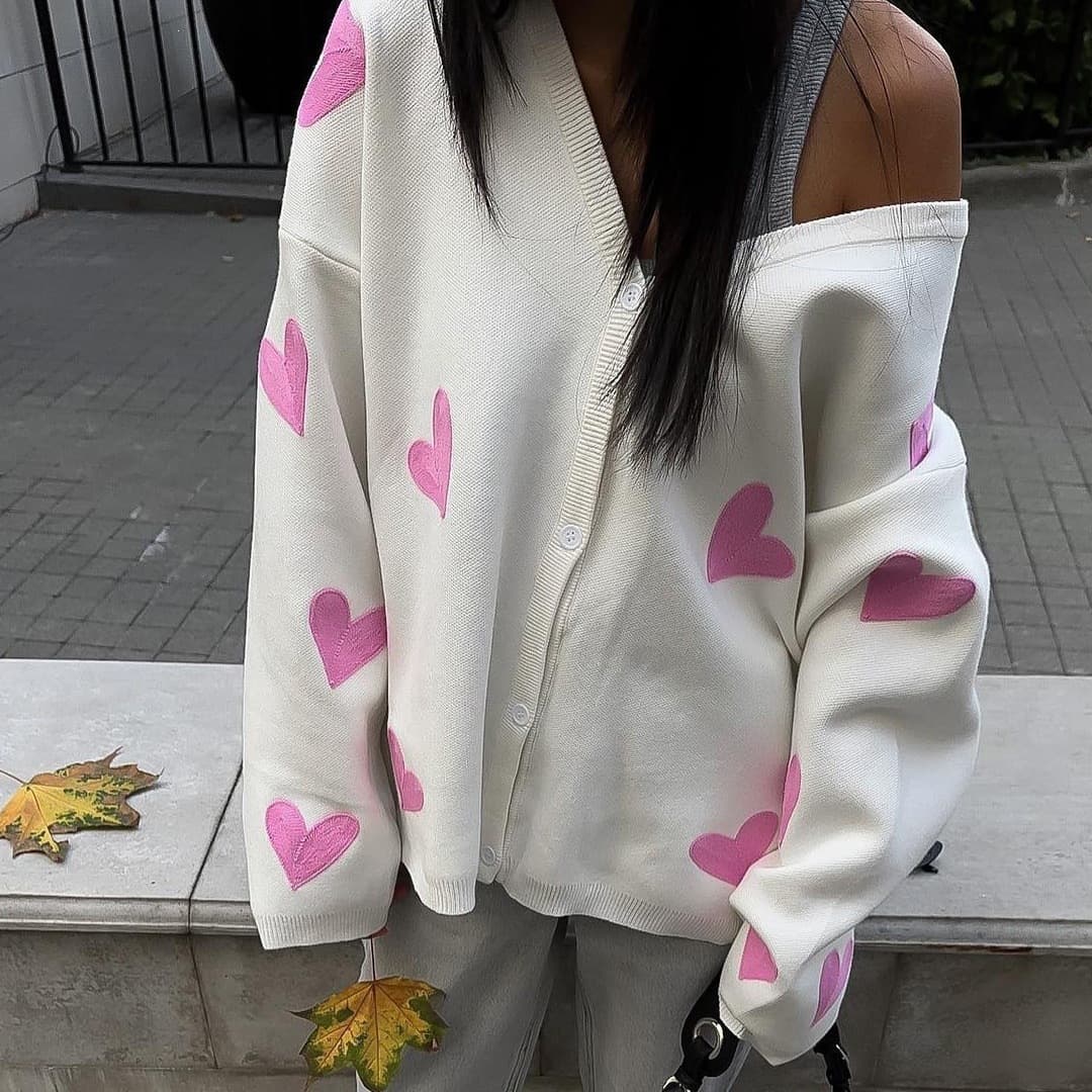 Embroidered Heart Thickened Autumn Winter Cardigan Women Long Sleeve Knitted Coat New European American Loose Knit Sweater