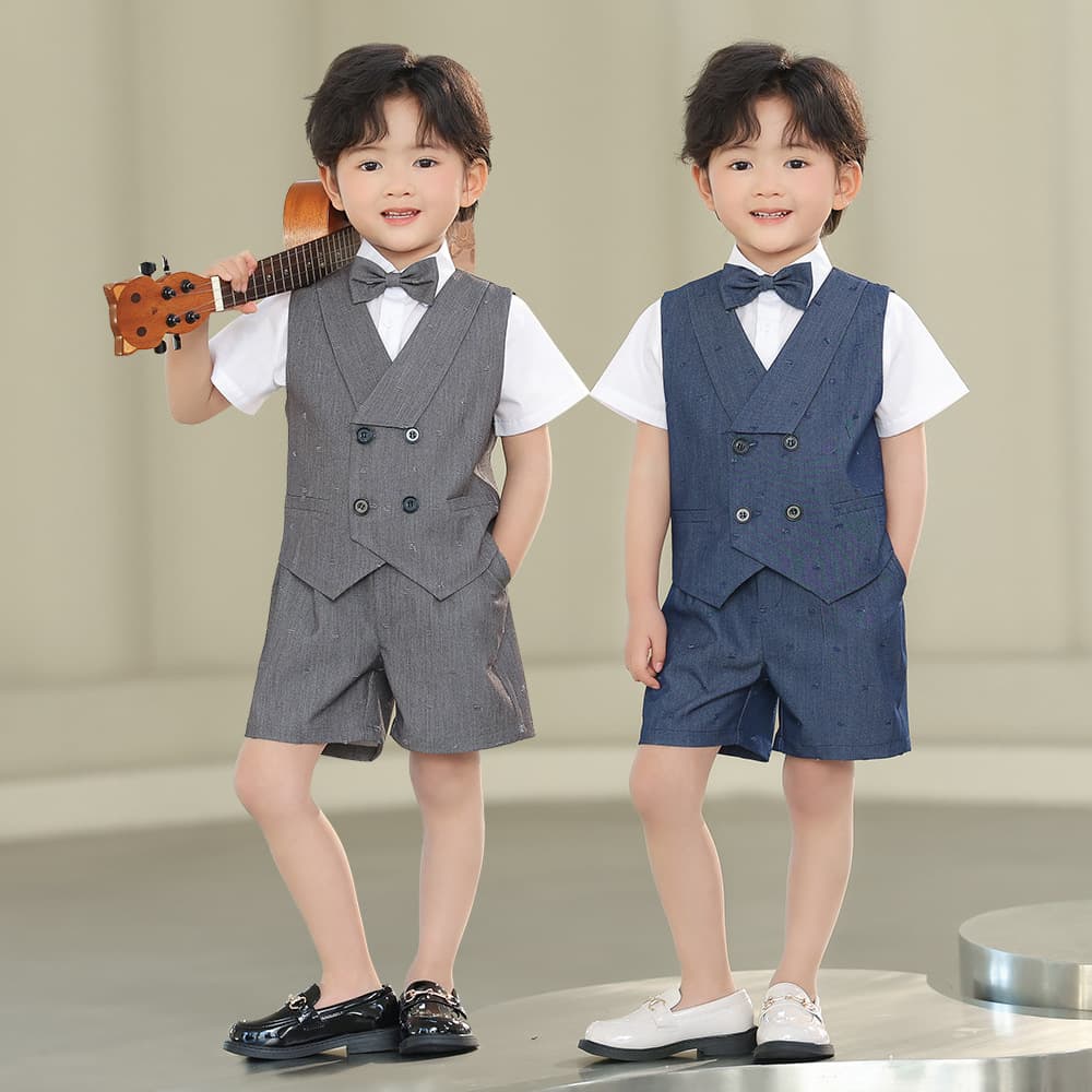 Summer Boys' Suit Vest & Shorts Set, Kids' Flower Boy Formal Wear, Young Child Host Piano Performance Suit