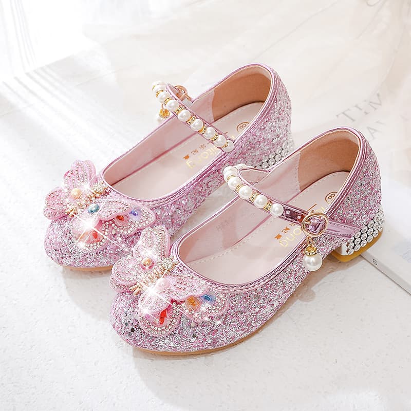 Princess Girls Spring Autumn Fashion High Heel Shoes Children's Single Shoes Butterfly Crystal Baby Leather Autumn
