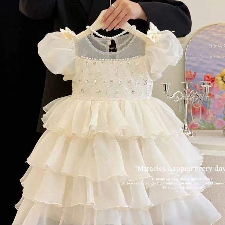 Children's 2025 fluffy cake new princess dress girls fashionable fluffy skirt birthday girl dress beige