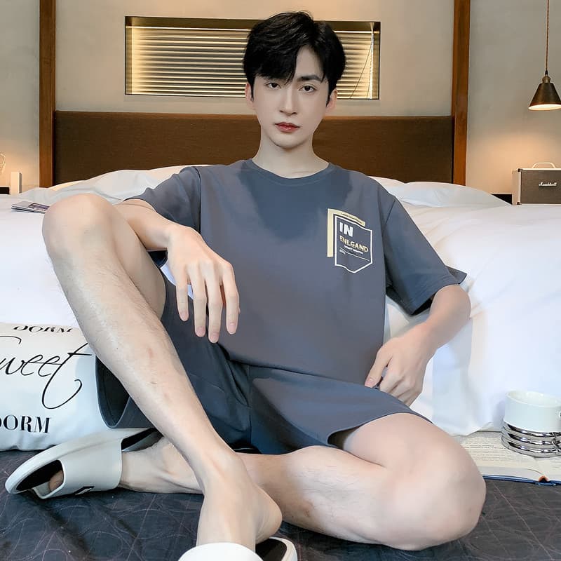 Men's Summer Sleepwear Pure Cotton Thin Short Sleeve Shorts Set Casual Large Size Cool Feeling Home Clothes Outdoor Wearable