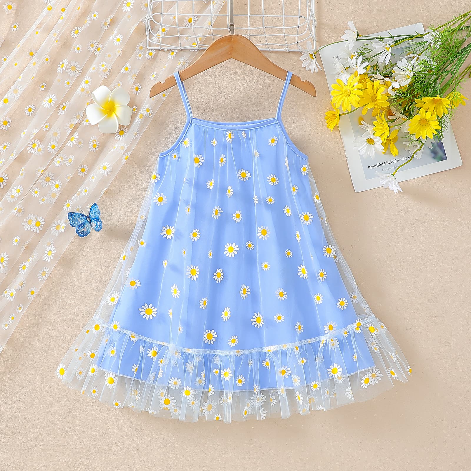 Girls Dress Summer 2026 New Princess Style Forest Daisy Mesh Skirt Little Girl Fairy Strapless Dress