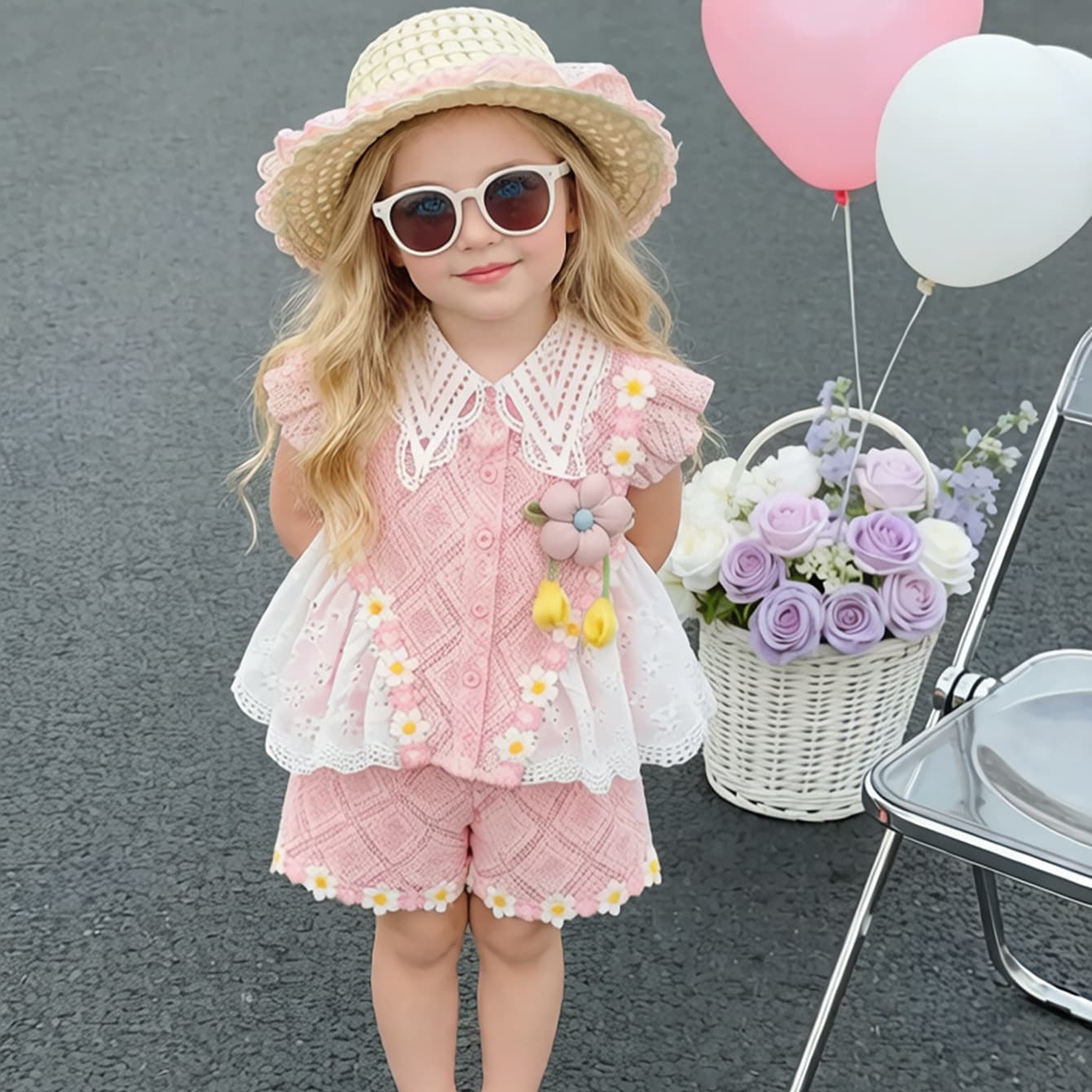 Cross-border girls summer suit 2026 new pink girl lace sleeveless tulip top forest style shorts two