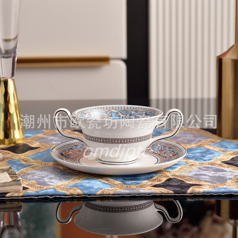 Inner Relief Silk Road Creative Bone China Double-Ear Coffee Cup and Saucer Set, Water Cup, Tea Cup, Home Blue and White Porcelain