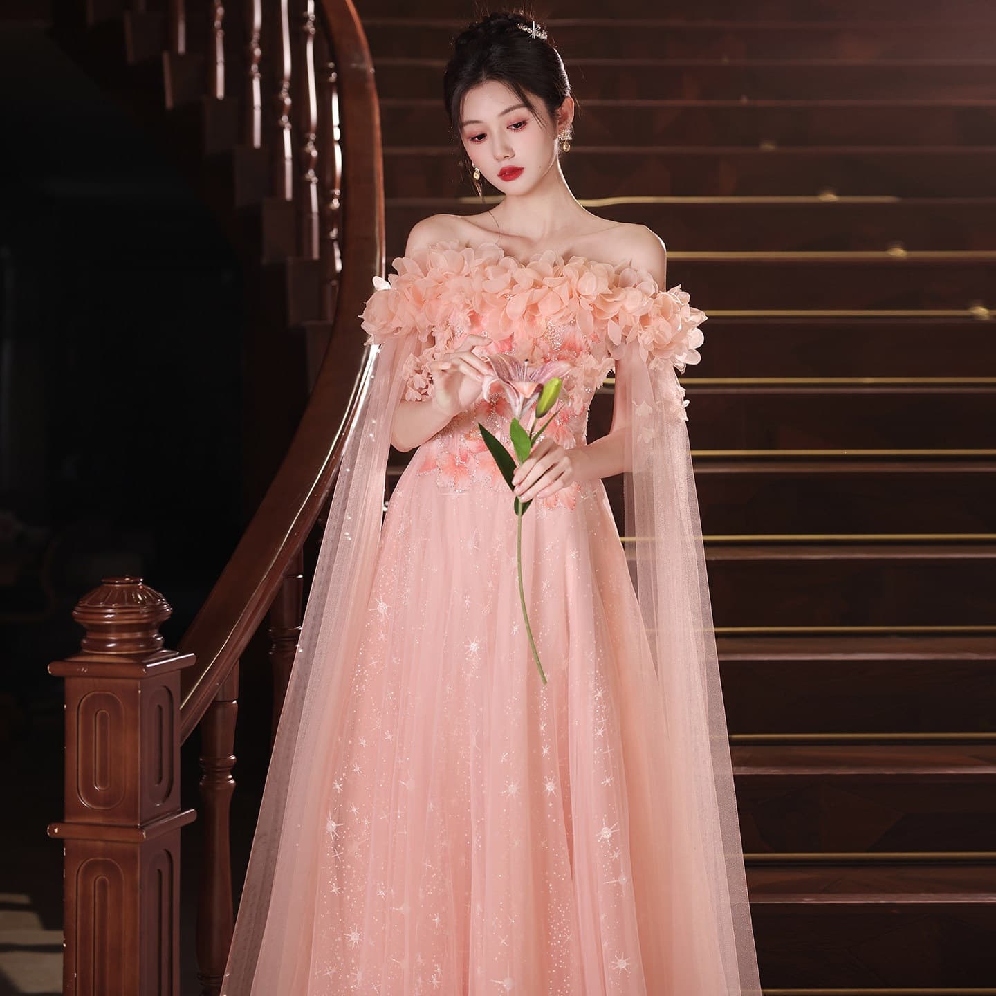 Pink Off-Shoulder Evening Dress Birthday Graduation Princess Dress Adult Ceremony Light Luxury Niche Premium Host Dress