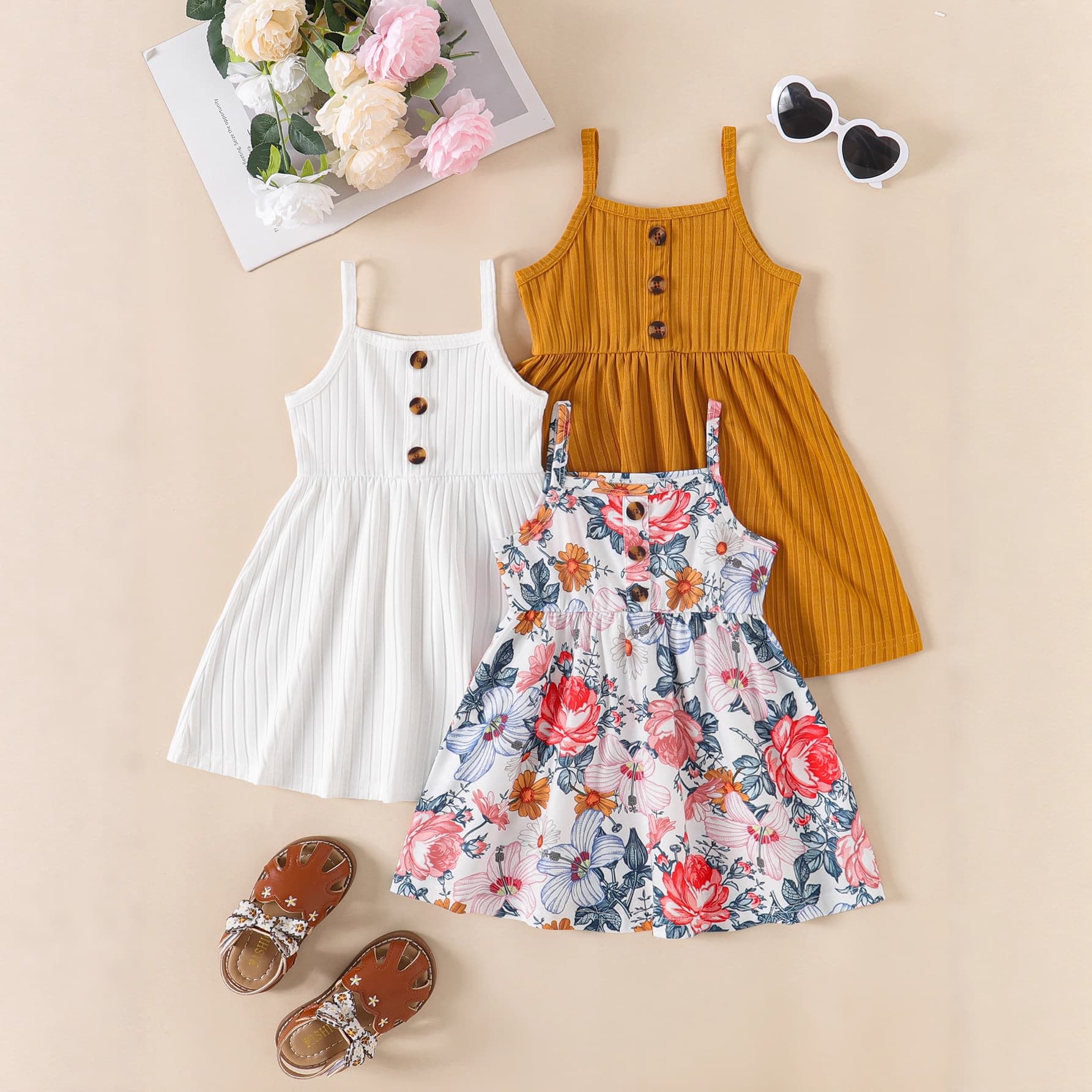 Baby Girls Floral Print Camisole Dress + Solid Ribbed Button Camisole Dress 3-Piece Set