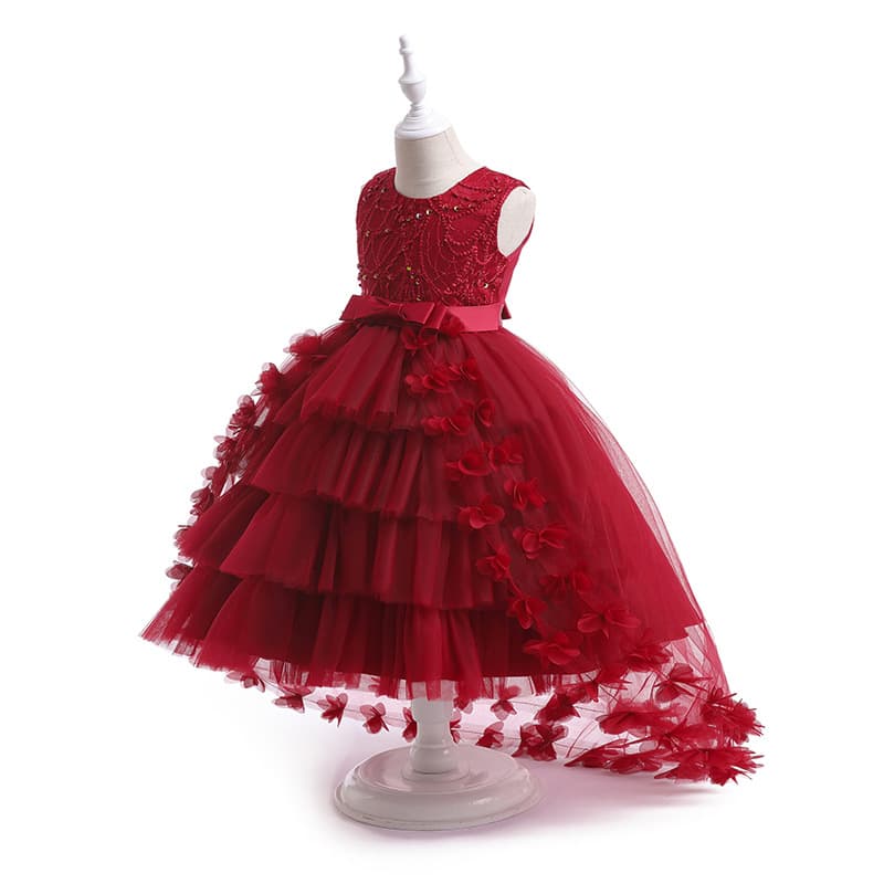In Stock Children's Evening Dress Girls' Princess Tulle Skirt Flower Girl Wedding Train Dress European American Style