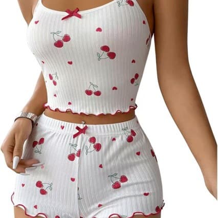 New European and American Cherry Print Camisole and Shorts Women's Pajama Set with Bow, Comfortable Loungewear