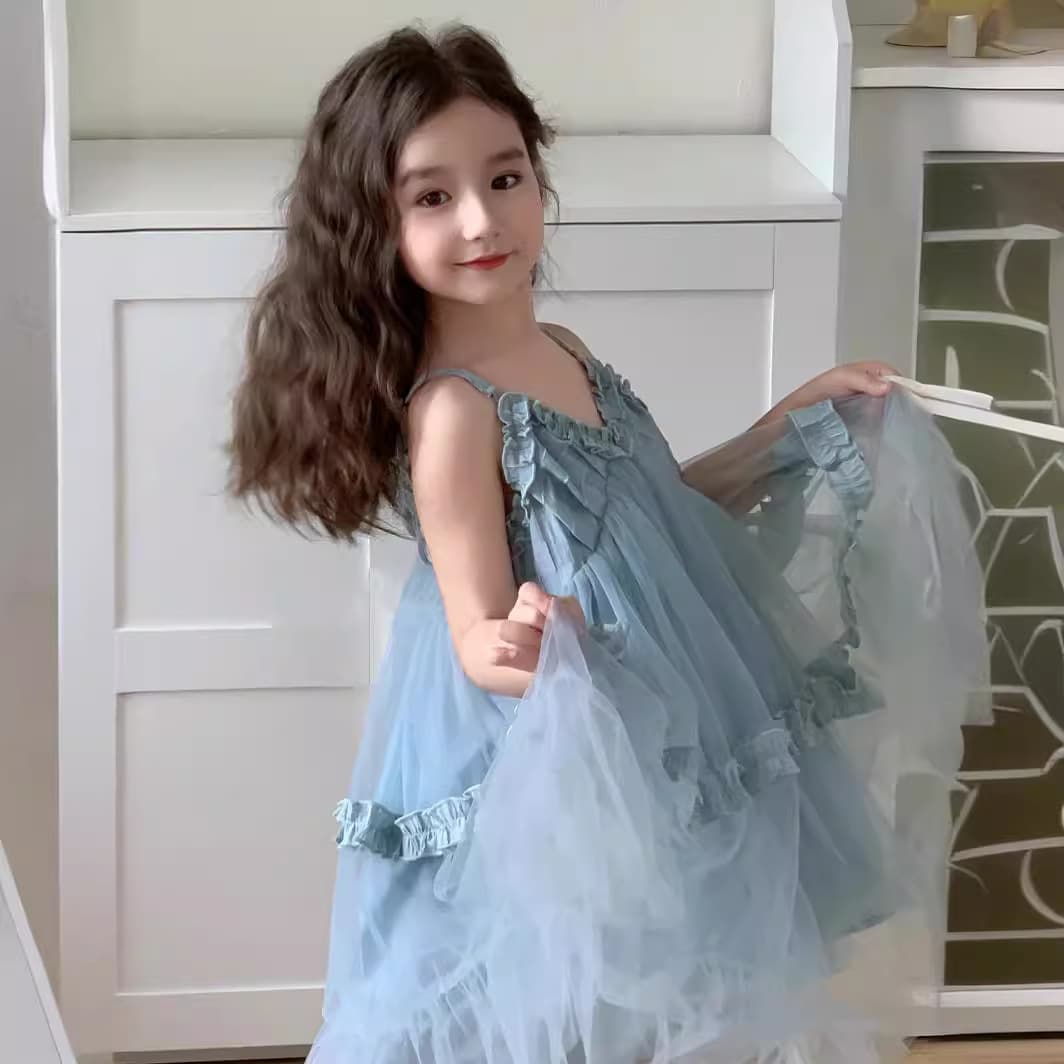 Girls' 24 Summer dress Fresh Blue Mesh Skirt Relaxation Style Holiday Style Slip Skirt Princess
