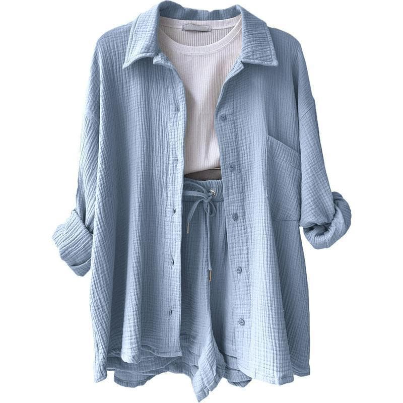 Drawstring Shorts Wrinkled Fabric Women's Two-Piece Set Notch Lapel Casual Suit European and American Long-Sleeve Shirt High-Waist Plus Size Fashion