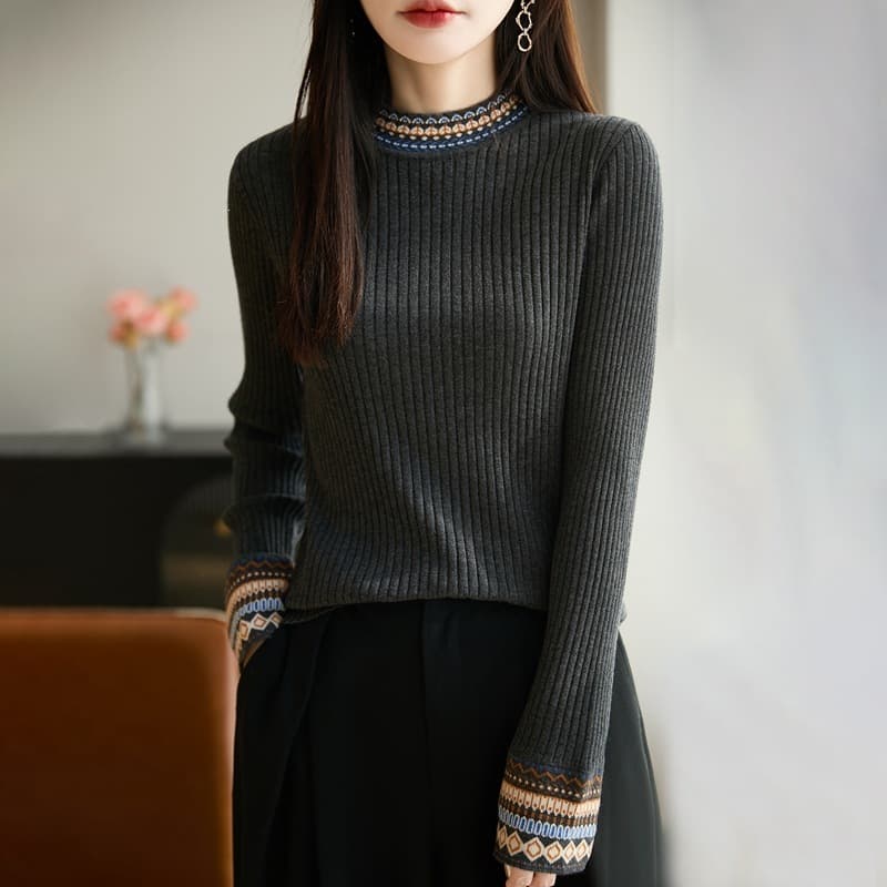 Worsted wool retro color-blocked ethnic style jacquard sweater slim sweater for women autumn and winter inner layering shirt top
