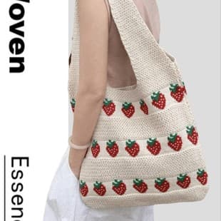 Cross-border Hot Selling Tote Bag Strawberry Pattern Woven Knitted Crochet Bag Durable Large Capacity Women's Handbag