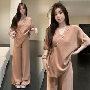 In Stock Summer New Lazy Loose Wide-Leg Pants Casual Fashion Short Sleeve Women Korean Relaxed Two-Piece Set