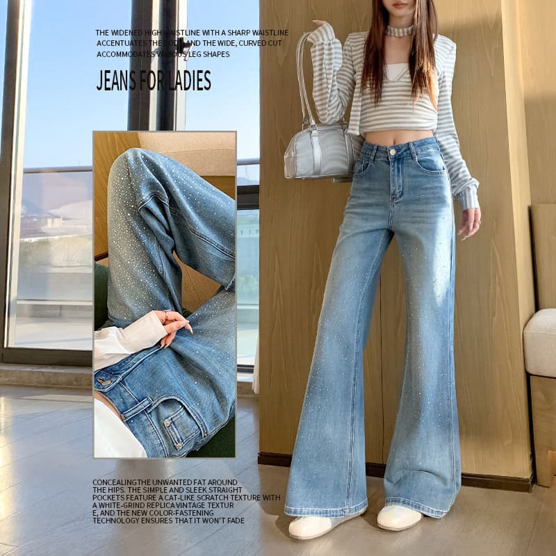 Starry Rhinestone High-Waist Flared Jeans for Women 2026 Spring Loose Stretchy Bell-Bottom Floor-Length Pants