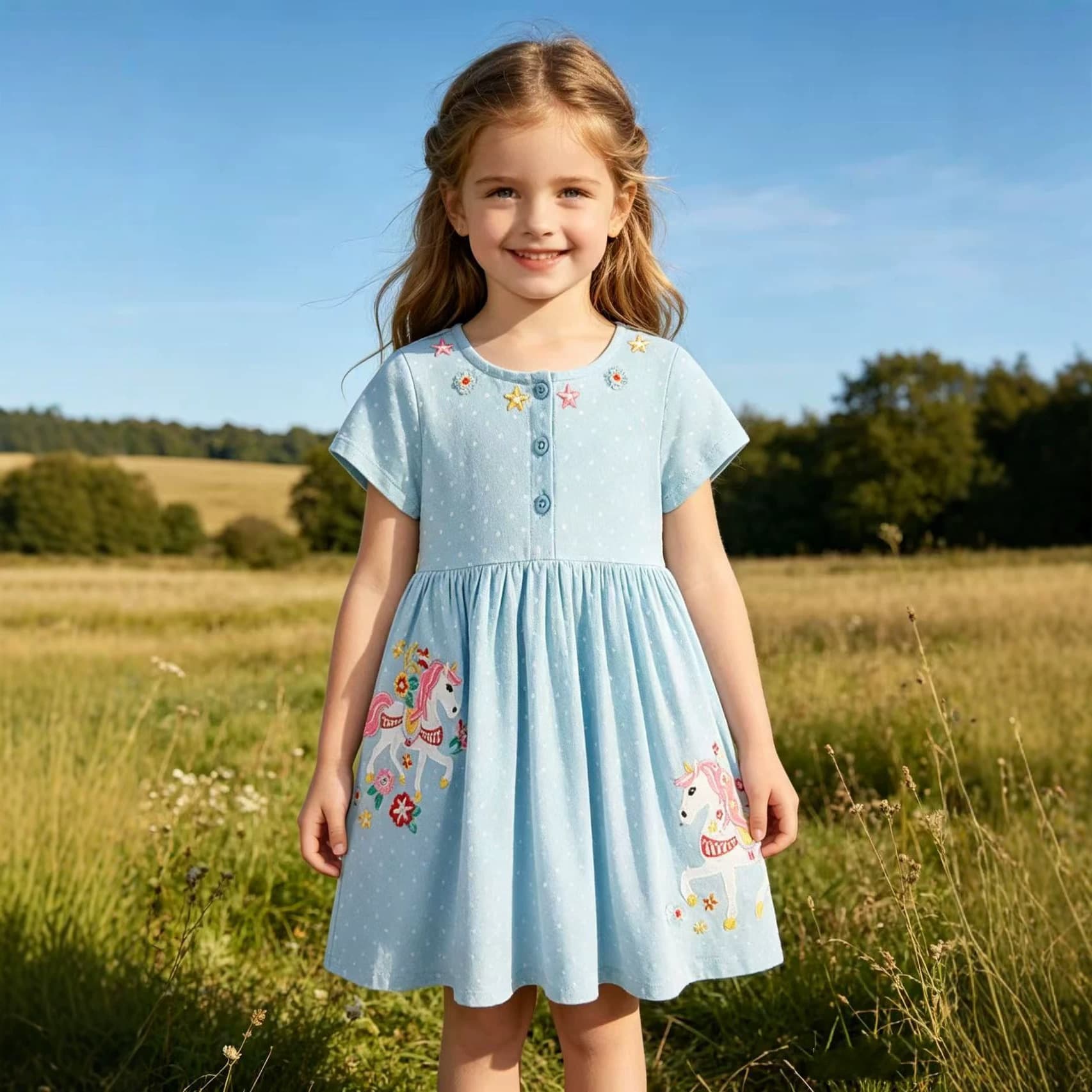 European and American Cross-border Girls Short Sleeve Cute Embroidered Princess Dress New Medium Small Children Round Neck Girls Dress Drop Shipping