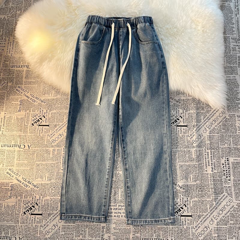 Light Blue Elastic Waist Jeans for Women Spring Summer Loose Slim Straight Wide Leg Drawstring Petite Casual Comfortable