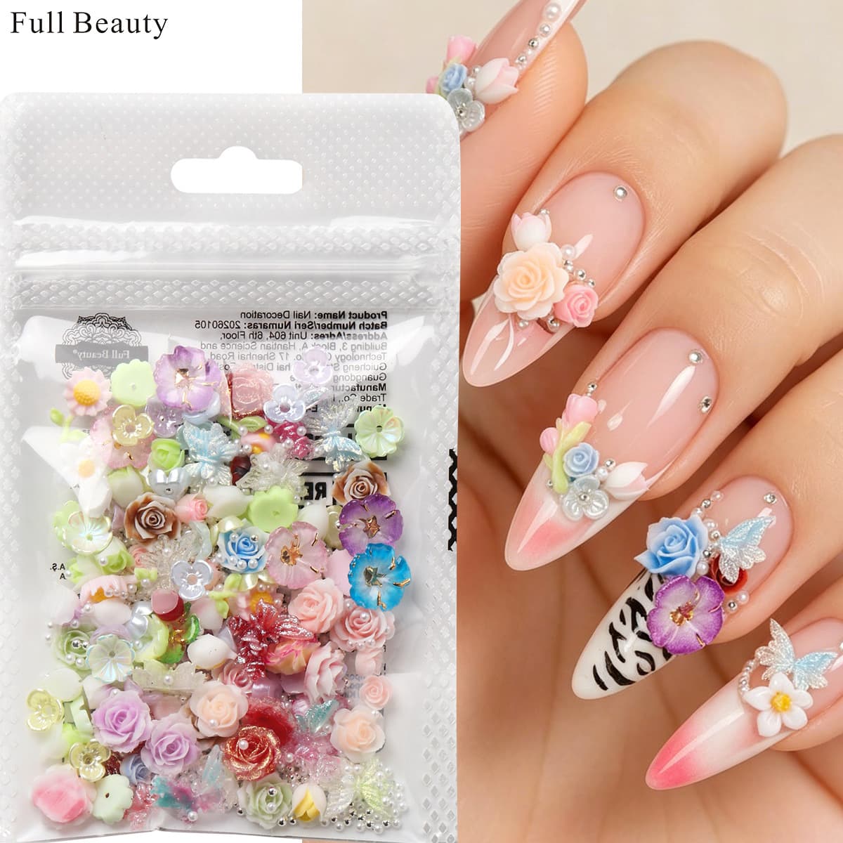 FULL BEAUTY Cross-Border New Nail Art Accessories 3D Petal Butterfly Pearl Soft Flower Ice Flower Mixed Accessories