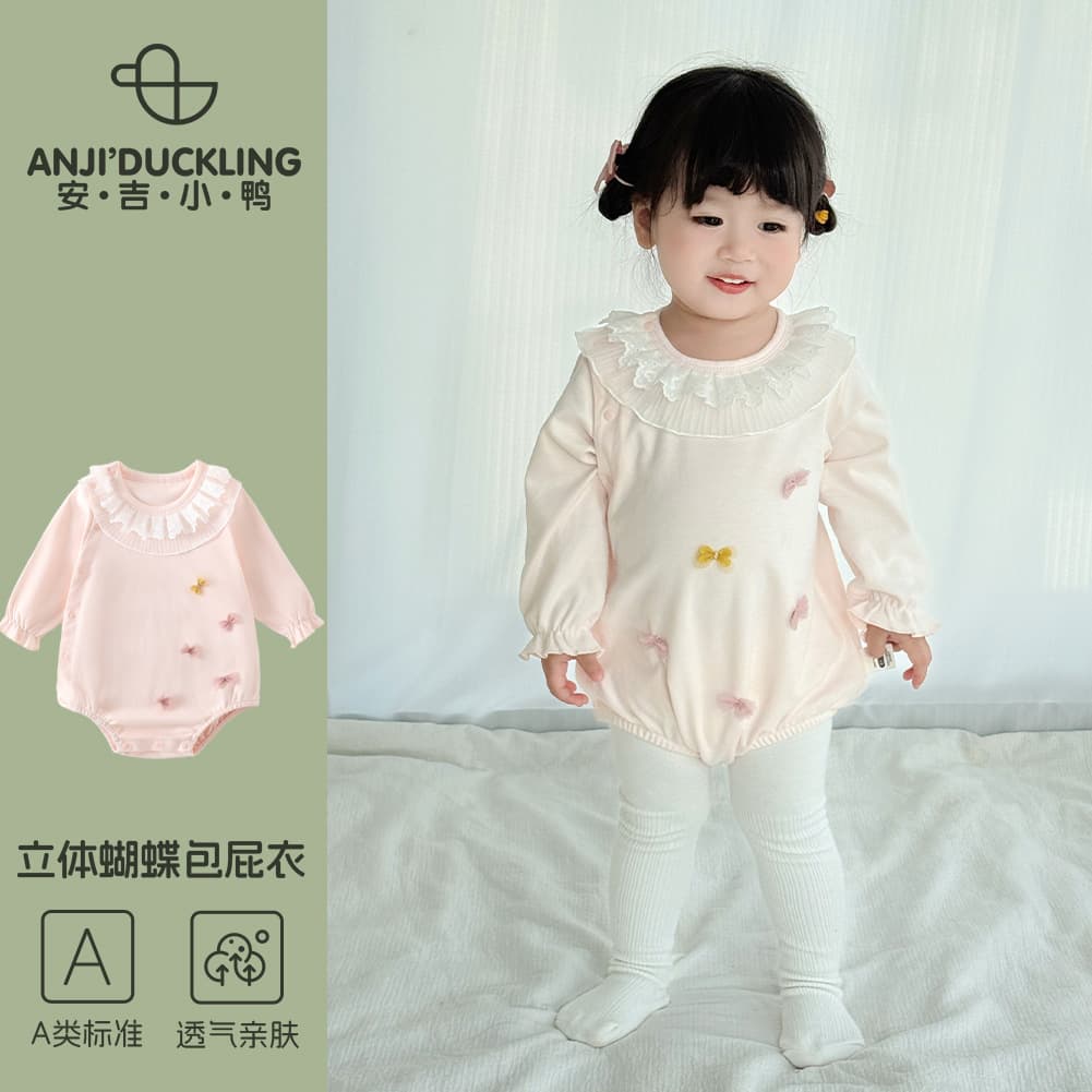 Newborn pure cotton type A long-sleeved fart cover baby jumpsuit autumn baby jumpsuit girl baby pink crawl suit