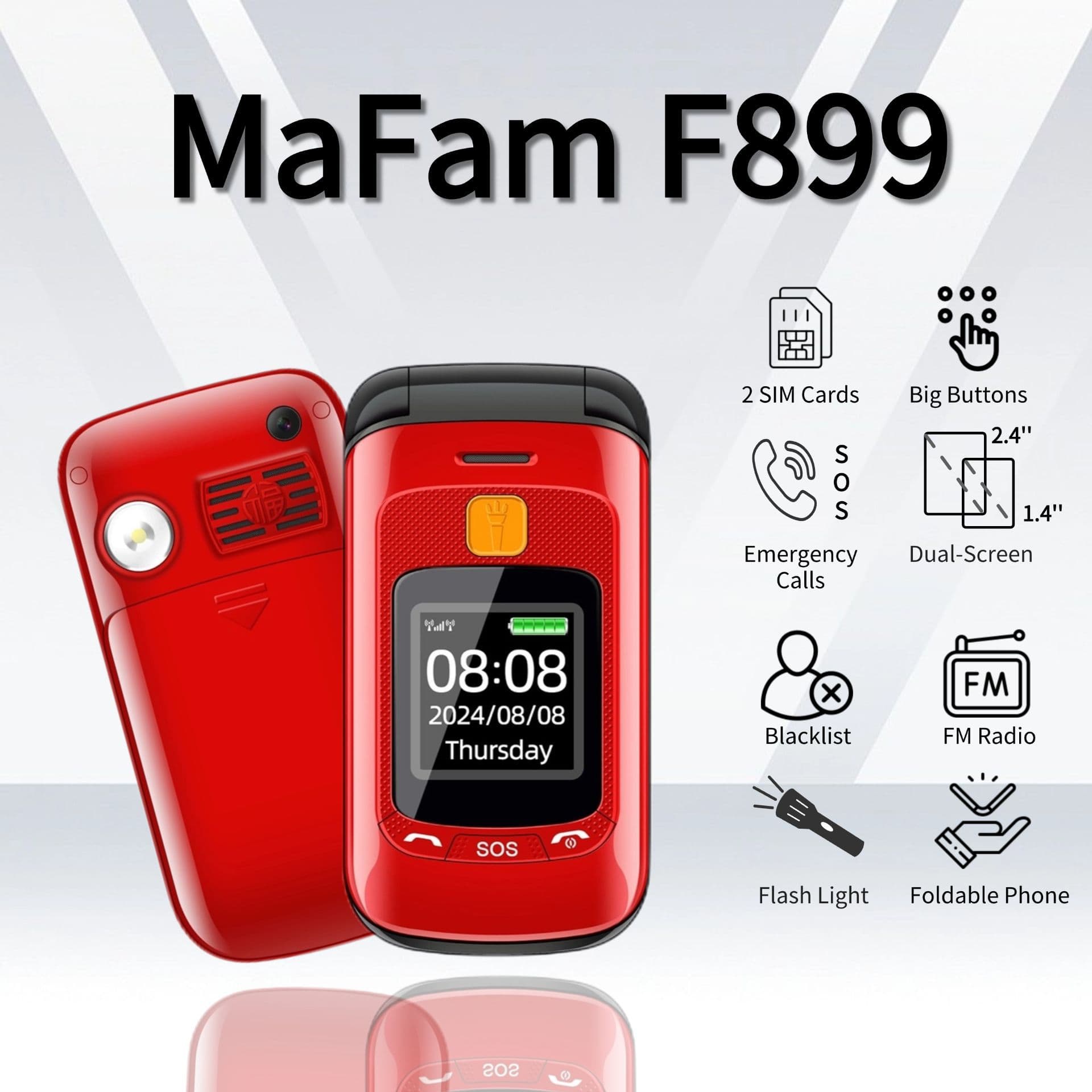 F899 Cross-border Hot Sell Dual Screen Flip SOS Large Keypad Senior Phone Feature Phone Elderly Mobile Export
