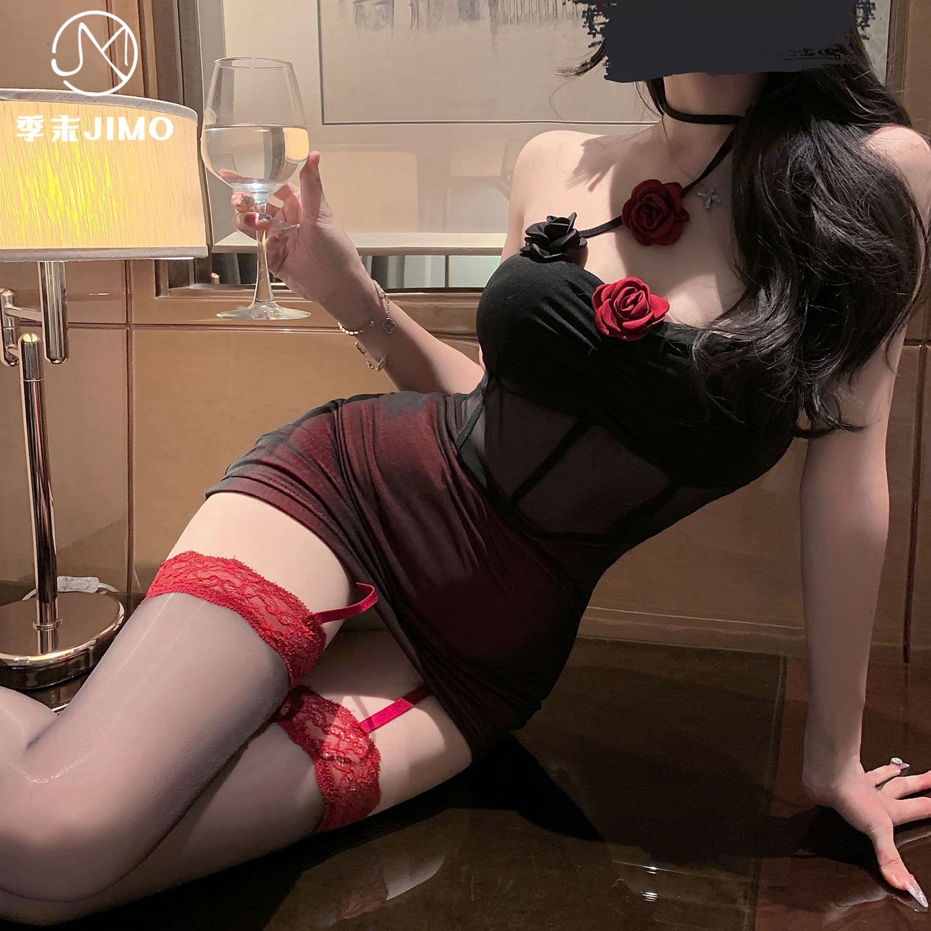 End of Season Dark Night Rose* Sexy Hot Girl See-Through Mesh Rose Halter Neck Slim Pleated Bodycon Dress Lingerie