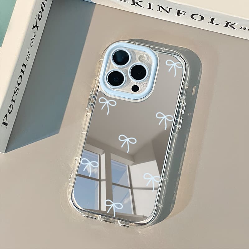 Blue Frame Bow Compatible with iPhone 17 Pro Max Cream Mirror Phone Case Oil 16 New 15 Cartoon 14 Pieces