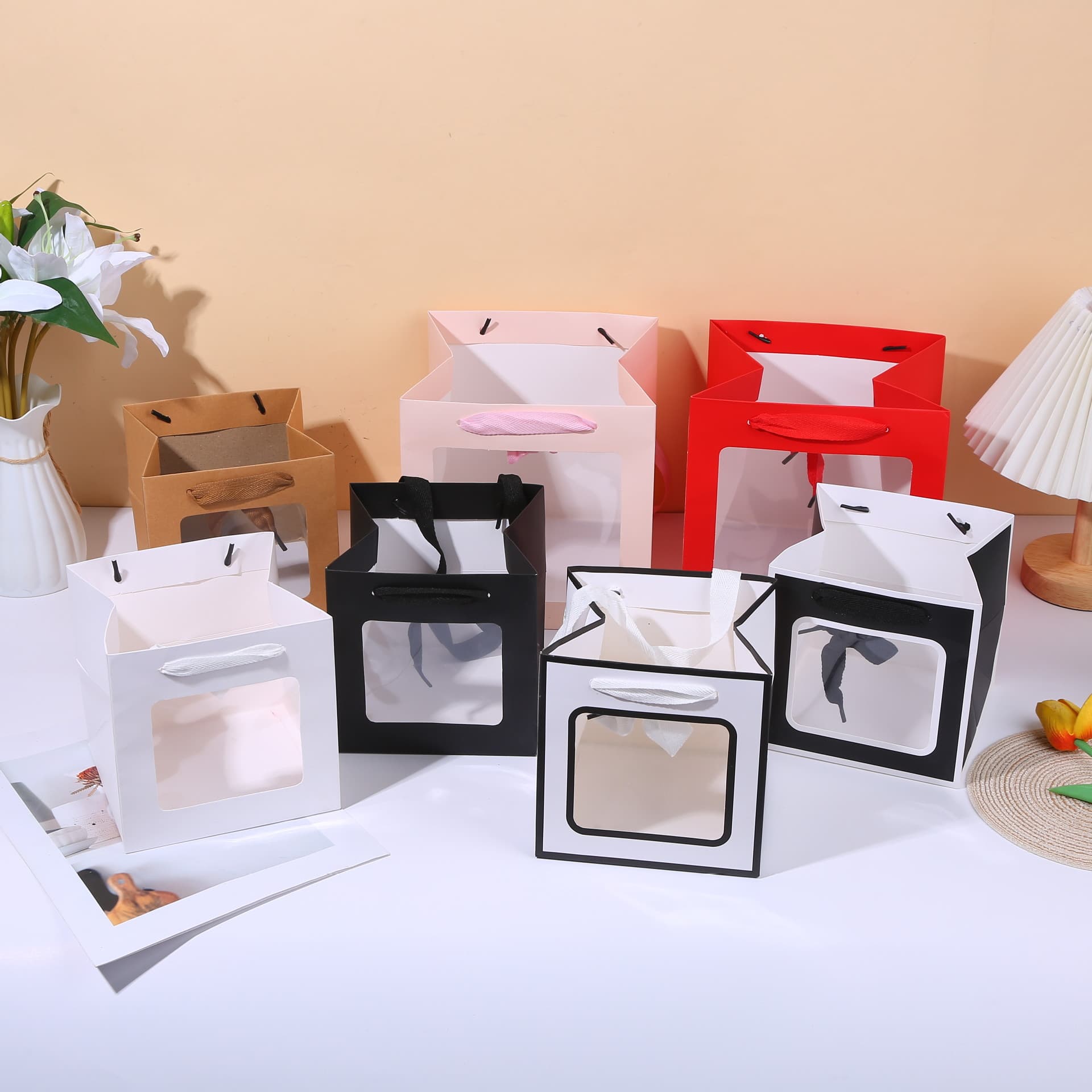 Factory Wholesale Thickened Square Transparent Window Cake Flower Gift Bag Teacher's Day Paper Bag Bouquet Tote Bag