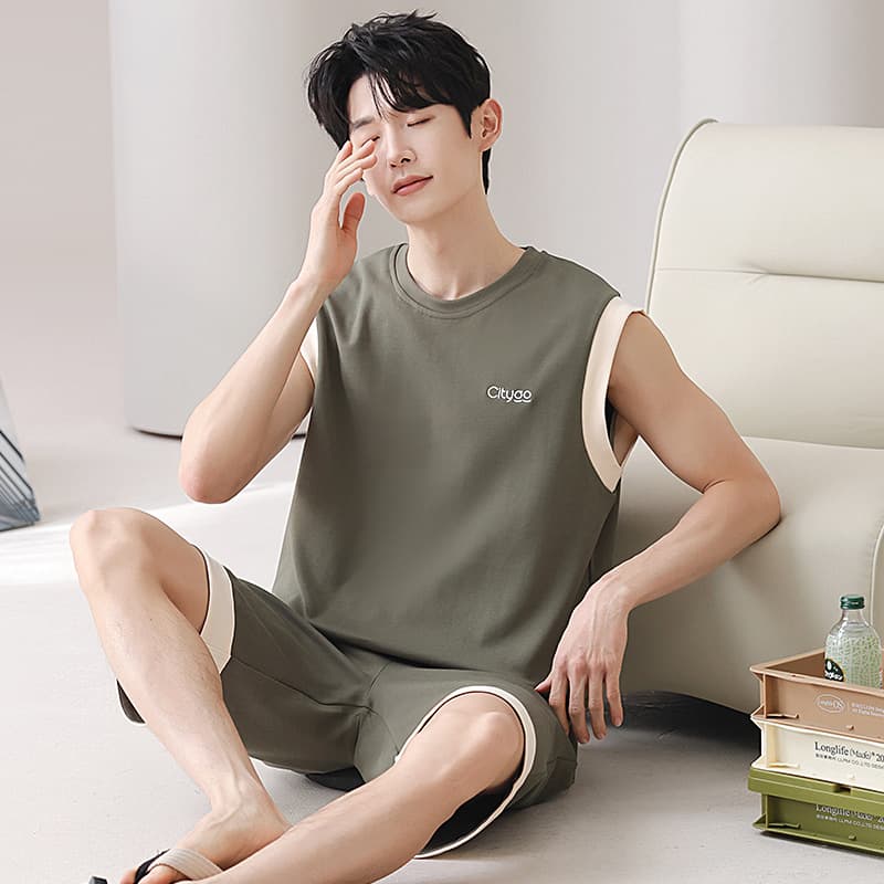 Men's Summer Sleepwear Vest and Shorts Set, Cotton Loungewear, Plus Size