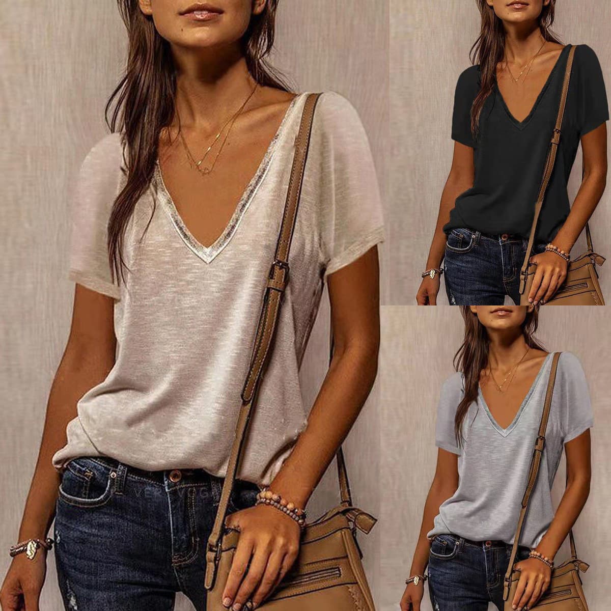 2023 Amazon EBAY European and American New V-neck Women's Bronzing Solid Color Cotton Short-sleeved Loose T-shirt