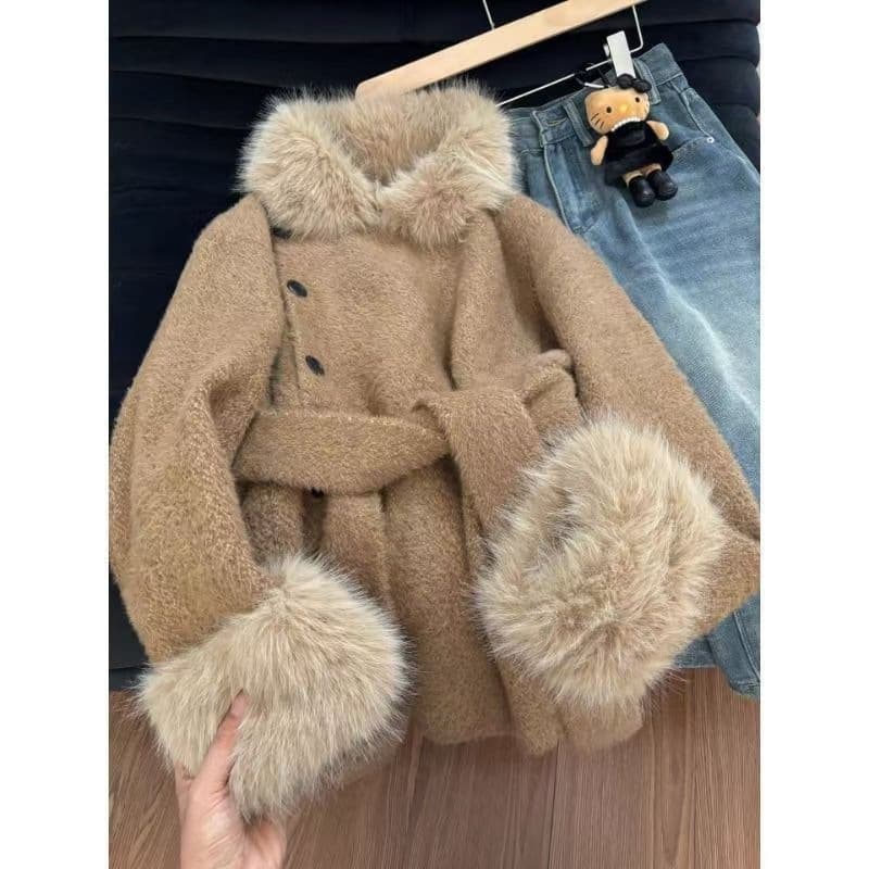 Loose Fur Collar Coat for Women 2026 Fall/Winter American Style Premium Thick Short Brown Furry Outerwear for Petite