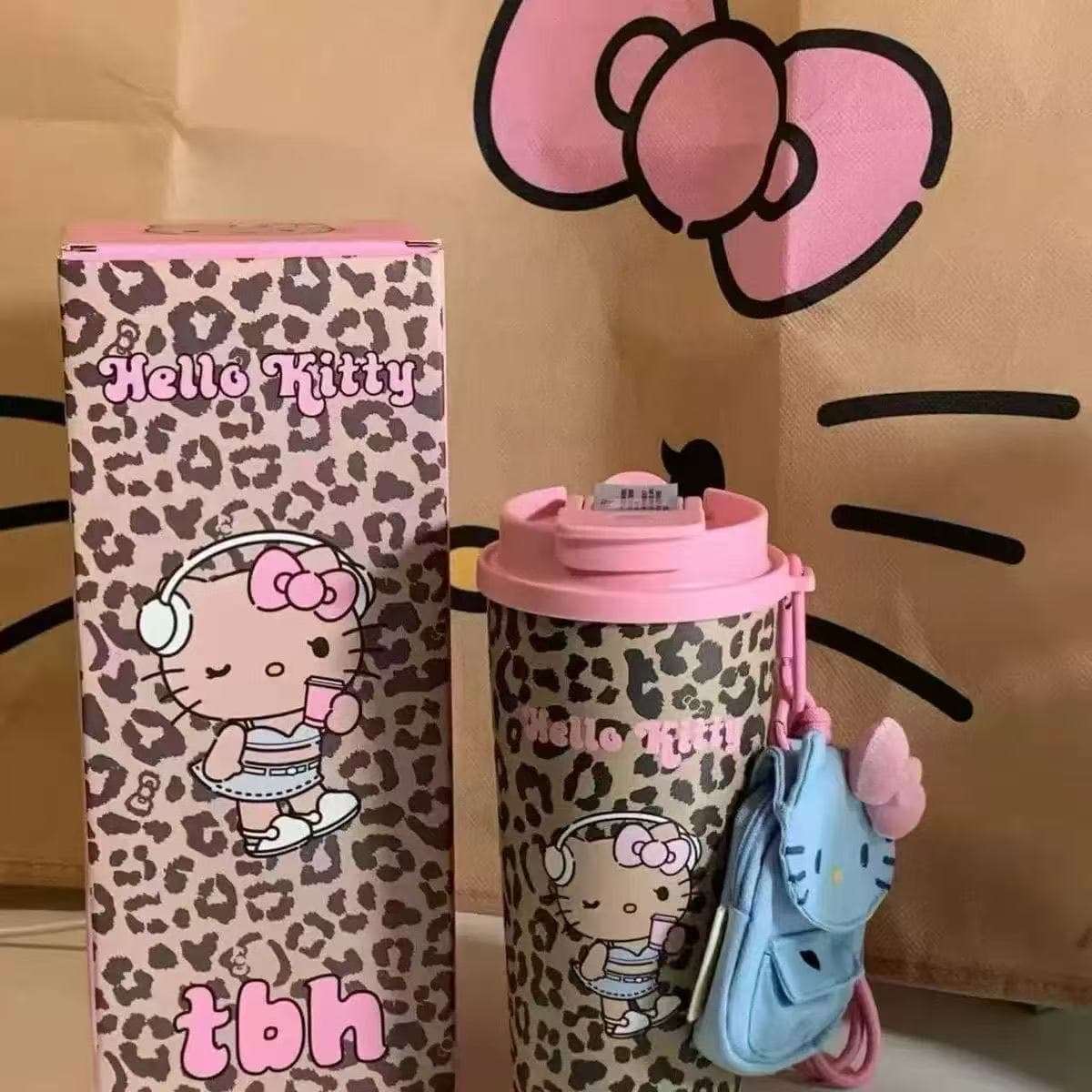 Brutal style Kitty coffee cup leopard print water cup 316 car large capacity insulated cup kitty straw