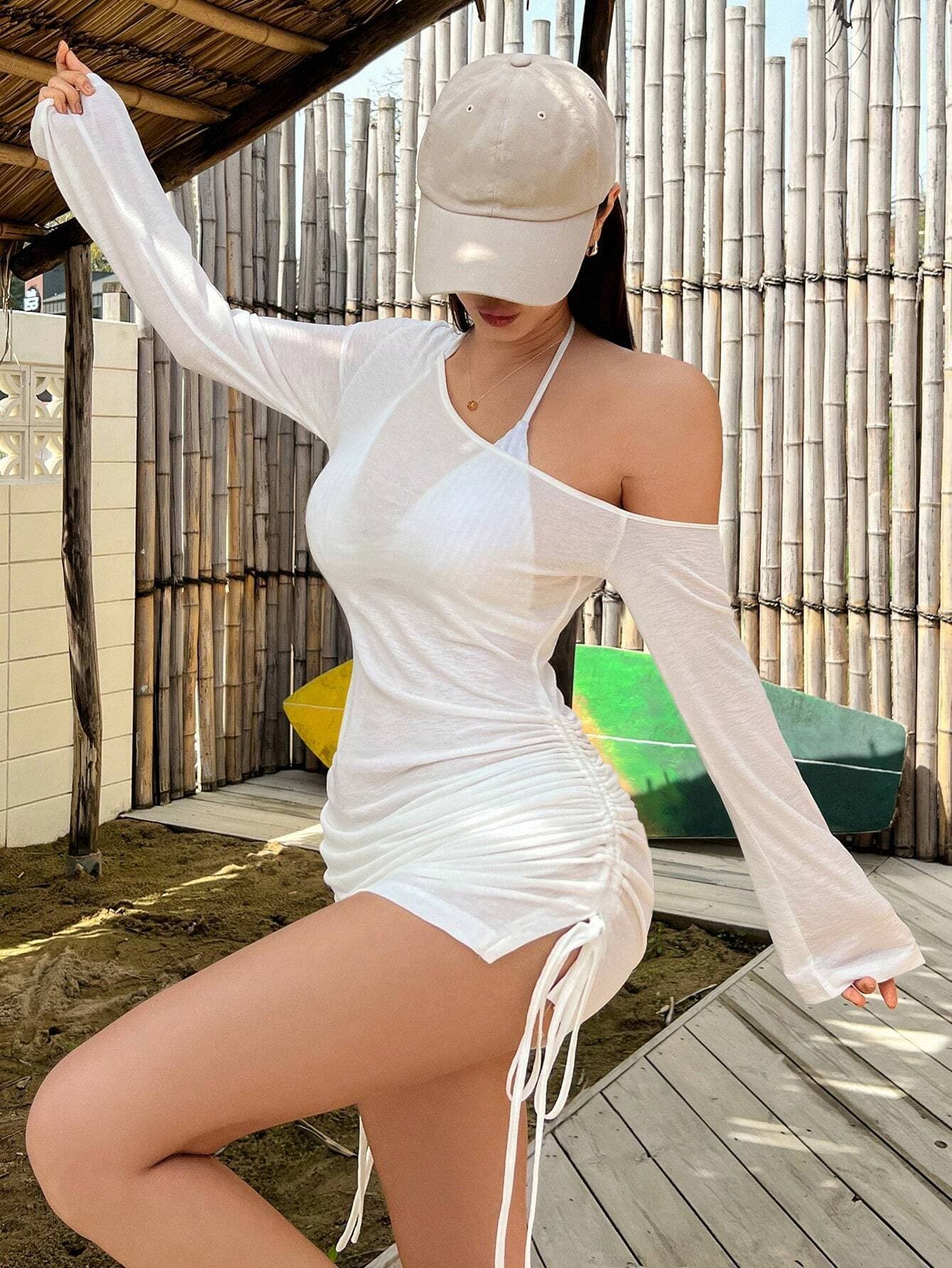 European and American Women's Fashion 2025 Spring/Summer Solid Color Stylish Sexy Hollow See-Through Diagonal Neck Beach Bodycon Dress
