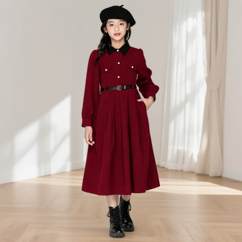 Girls' Dress Spring Autumn New Style Medium Large Kids Long Sleeve Lapel Elegant Dress Little Girl Fashionable Retro Princess Dress