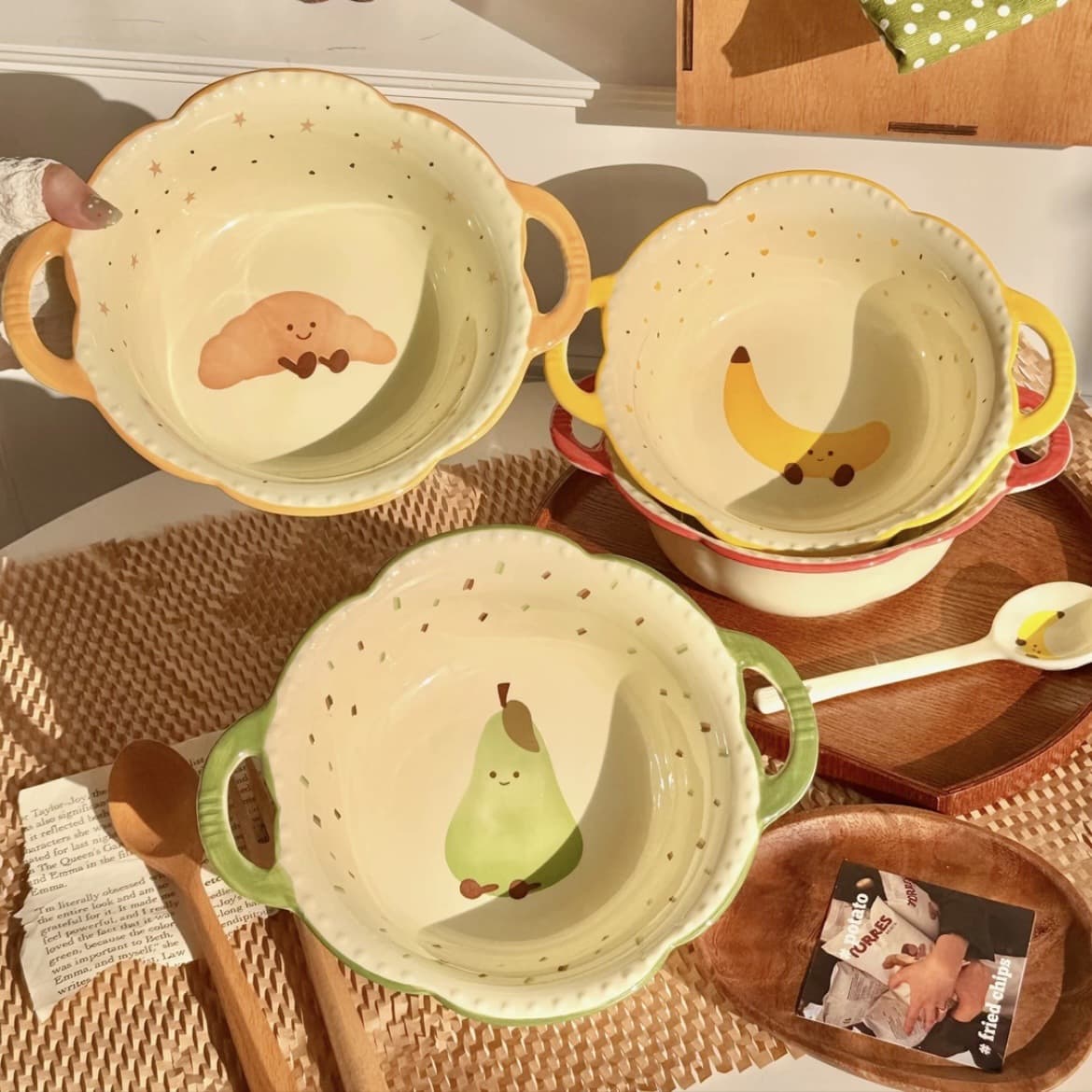 Fruit Croissant Ceramic Double-Handle Soup Bowl for Home, Underglaze Color, New High-Appearance Instant Noodle Bowl, Cute Large Bowl Soup Basin