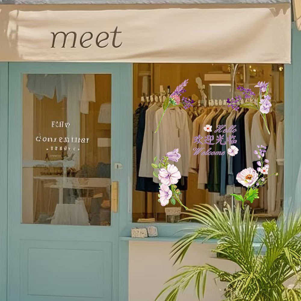 Welcome stickers clothing purple flowers window decorations shop layout window glass door stickers electrostatic decorative stickers