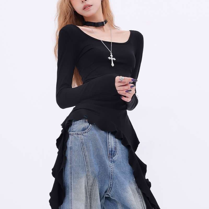 Black Ruffle Ribbon Long-Sleeve Base Tee for Women Fall Winter Designer Trendy Fitted Waist Pleated Top