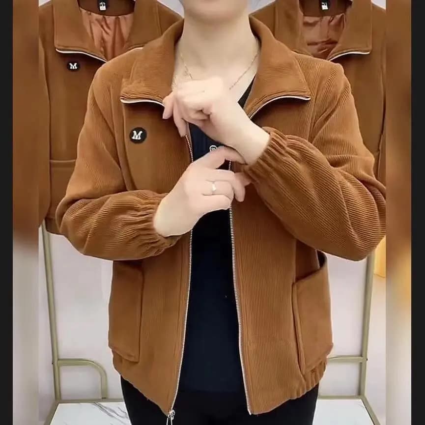2025 Spring and Autumn New Style Mom Corduroy Jacket Women Long Sleeve Plus Size Loose Zipper Shirt Solid Color Top
