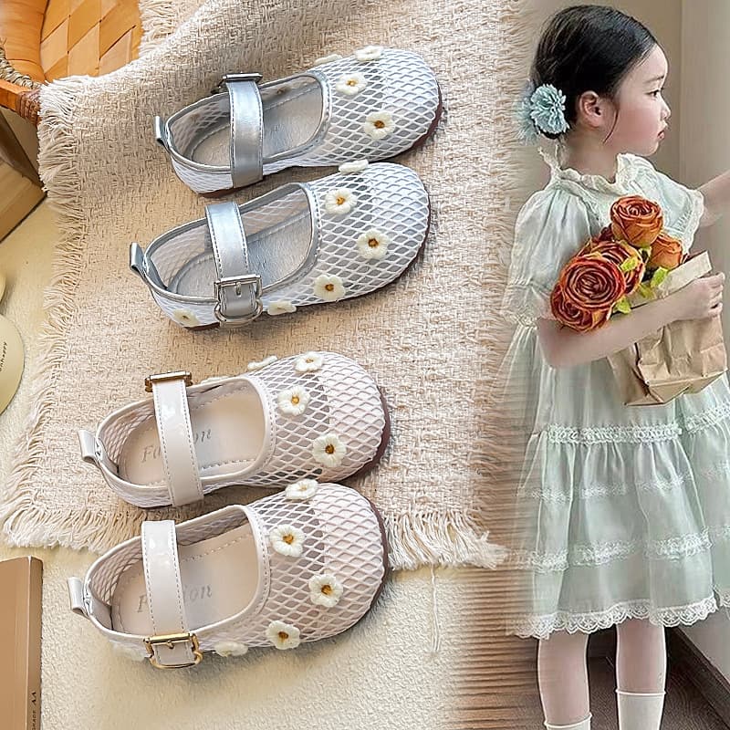 Children's Mesh Single-Layer Hollow Ballet Flats 2026 Summer Girl Cute Little Flower Sweet Princess Shoes