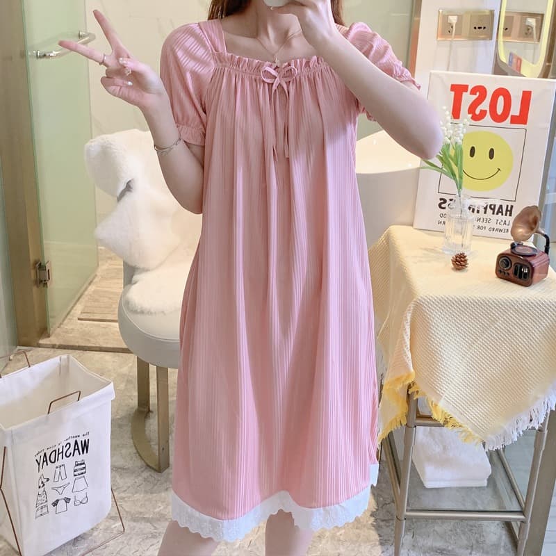 Women's Summer Nightgown: Short-Sleeved French Princess Style Palace Nightdress, Lightweight Pajama Dress, K-Style Sweet Loungewear